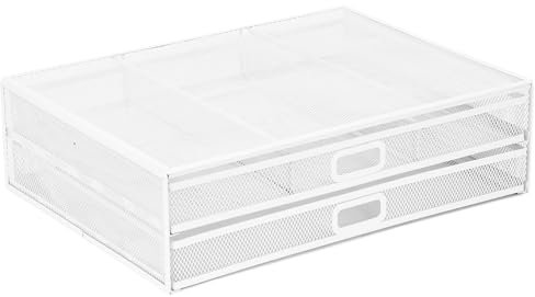Mount-It! Support en maille pour écran d'ordinateur en métal avec deux tiroirs de rangement coulissants pour accessoires de bureau, ordinateur portable, imprimante et fournitures de bureau (blanc)