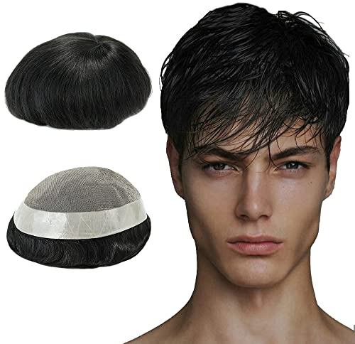 Lordhair Toupet für Männer Haarersatz Systeme Mann, natürliche atmungsaktive Mono-Spitze mit PU-Echthaarperücken für Männer Schwarz Basisgröße (Off Schwarz 1B#,100% Dichte)