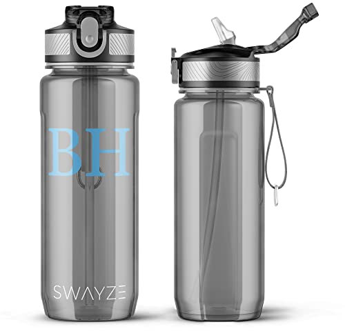 Custom Initials Personalised Water Bottle with Straw 800ml Water Bottle, BPA Free Leakproof Lockable Flip Lid Drink Bottle Sports Gym School Him Her Gift (Grey - Personalised)