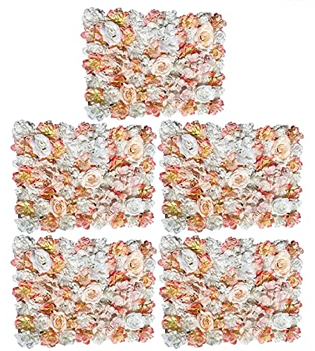 5 Stück Künstliche Blumenwand Rosenwand 60 x 40 cm Paneele Seidenblumen Garten Balkon Hochzeit Straße DIY Deko Kunstblumen (Champagner)
