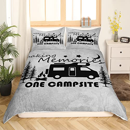 Rustikales Bettwäsche-Set im Landhausstil, 135 x 200 cm, für Jungen Kinder Teenager, Happy Camping-Bettwäsche,schwarze Skizzenzeichnung,Bettbezug,ultraweiche Camper-Bettwäsche,mit 1 Kissenbezug