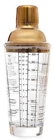 HOMLA Moi Shaker à cocktail avec couvercle doré - Accessoire de cuisine élégant - Pour la préparation de boissons - Bouteille en verre transparent - Verre doseur sur shaker - 0,4 l