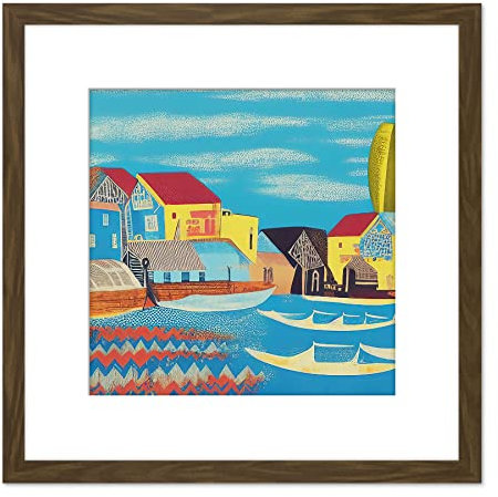 Wee Blue Coo Modern Contemporary Abstract Folk Art Fishing Harbour Village Collage Square Wooden Framed Wall Art Print Picture 8X8 Inch