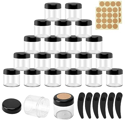 Ticeed 20PCS Contenant Cosmetique Vide 40ml avec 6 Mini Spatule Maquillage & 24 Étiquettes Autocollantes Rondes, Petit Pot Vide Cosmétique Pots Cosmétiques Vides pour Baume à Lèvres,Lotion, Crème