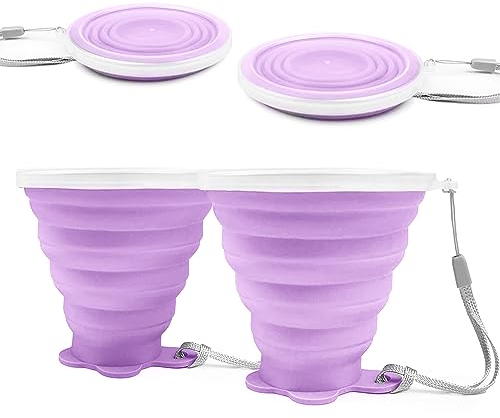 FUZVOL Silicone Foldable Mug with Plastic Sealing Lid for Camping,2 Pack Collapsible Silicon Cup for Travel,BPA Free Portable Drink Mugs Reusable Cups Retractable Mugs for Outdoor Hiking Purple