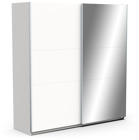 Demeyere 190011 Puerta corredera con Espejo y Armario Moderno, Color Blanco Mate y Acabados metálicos, 194,5 x 59,9 x 203 cm, Madera de ingeniería, Gris