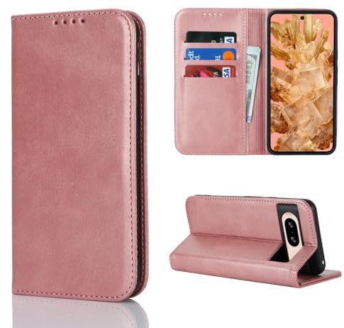 Cavor Google Pixel 8 Case,Flip Leather Wallet Case,[3 Card Holders][Stander][Magnetic Closure],Protective Phone Cover Case for Google Pixel 8 - Rose Gold