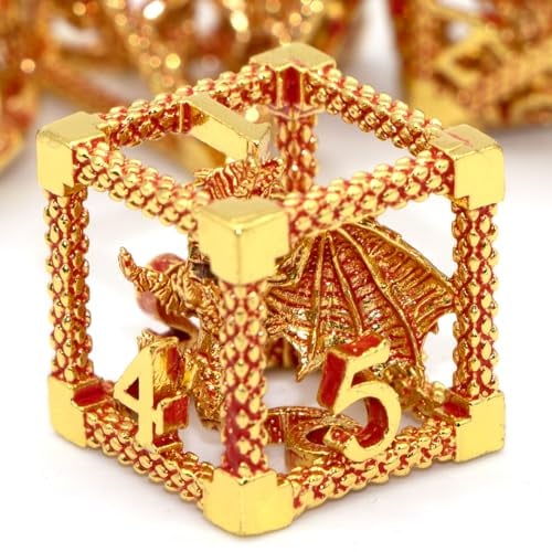 HNCCESG DND Würfel Set, Metallwürfel Set 7-teilig, D&D Würfel, Dungeons and Dragons würfel Polyedrische Würfel Set,Rollenspiel for Starterwürfel für RPG, MTG(Karmesinrot mit goldenen)