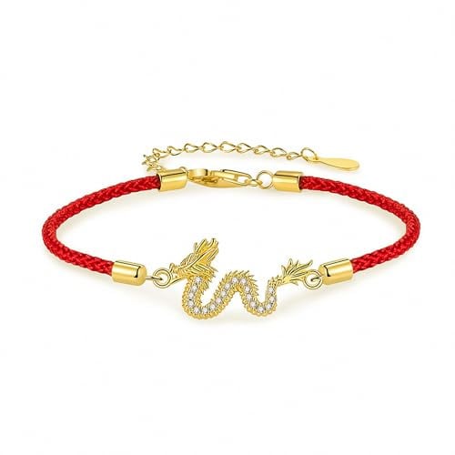 TEMICO 2024 Lunar New Year 925 Sterling Silver Dragon Bracelet Zodiac Red String Adjustable Chinese Lucky Bracelet for Spring Festival, F, Sterling Silver, Cubic Zirconia
