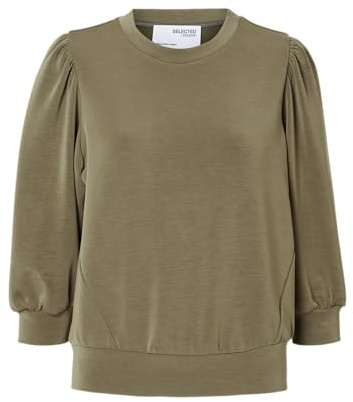 SELECTED FEMME Damen Bluse locker geschnitten Rundhalsausschnitt 3/4 Puffärmel modisch, Farben:Olive, Größe:XS