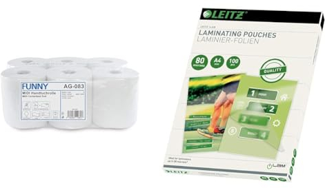 Funny Handtuchrolle & Leitz Heißlaminierfolien A4 80 mic, Hochwertige Laminierfolien im 100er Pack, mit abgerundeten Ecken, transparent, glänzend, für den Einsatz zu Hause oder im Büro, 33818