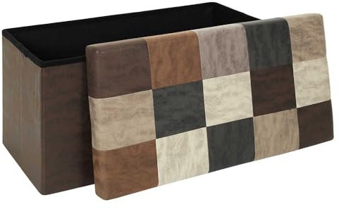 HOME DECO FACTORY, HD7666, Patchwork PU M2, Bistrot Indus, Muebles, baúl y Banco Plegable, 76x38x38 cm, Altura Asiento 38 cm, marrón, Madera de ingeniería, Textil, Espuma