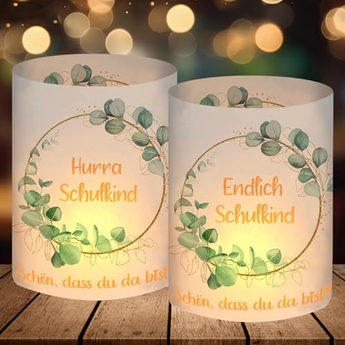 12 Windlicht Tischdeko Einschulung, Schulanfang Deko Eukalyptus Grün, Endlich Schulkind 2025 Deko Junge Mädchen, Schuleinführung Einschulungsdeko, Geeignet für Teelichter oder Kerzen