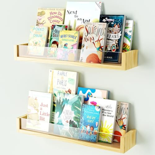 NiHome Holz und Acryl Wandregal Kinder - 2er Set Bücherregal Kinderzimmer, Acryl Klarsicht-Front für Sichere Buchaufbewahrung, Ideal für Bücher und Spielzeug,Kinderzimmer, Spielzimmer und Babyzimmer