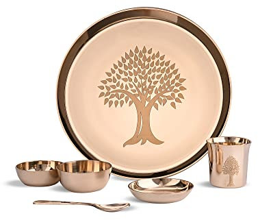 Service de table indien/Kansa/finition bronze/Thali/Service de table traditionnel ayurvédique 6 pièces, 38,4 cm, fleuri