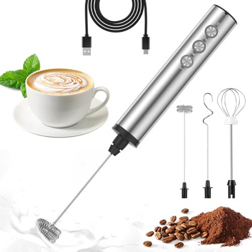 MOSUO Espumador de Leche Eléctrico, USB Recargable Batidor de leche de Acero Inoxidable con 3 Batidores de Acero Inoxidable, Regulable en 3 velocidades, para Huevos Cafe Latte Cappuccino