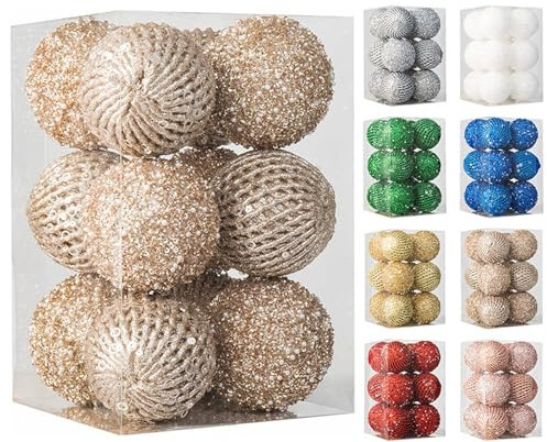 Herfair Weihnachtskugeln 8cm Christbaumkugeln 12 Stück Plastik Weihnachtsdeko Kugeln mit Aufhänger Weihnachtsbaumschmuck Christbaumschmuck (Champagner Gold)