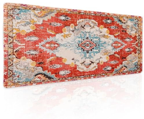 Vintage Rug Mouse Pad XL Red Orange Retro Carpet Aesthetic Extended Table Mat 80X30 cm Non-Slip Rubber Base Stitched Edge Large XL Mousepad for Desk Gaming Laptop Desk Top,31.5×11.8 Inch