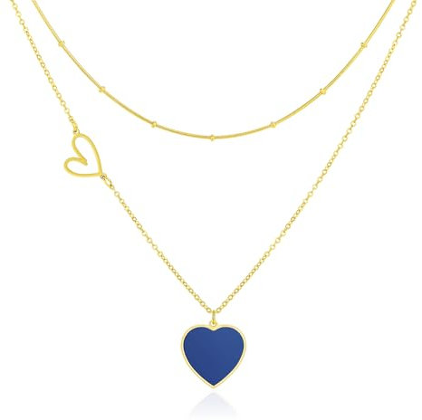 Linawe Blau Herzkette Herz Kette Halskette Damen, Goldkette Edelstahlkette Edelstahl Schmuck Jewelry, Kette Vergoldet Layering Ketten Set, Goldkette mit Anhänger Statement Kette
