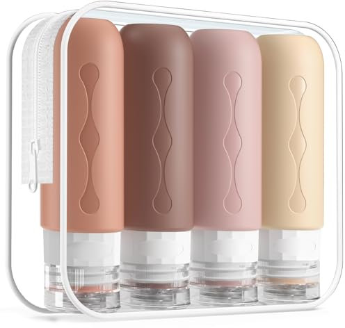 Gemice Silikon Reiseflaschen 90ml Set, 4 Stück auslaufsichere Reise Container und Reise Toilettenartikel Set, FDA zugelassene nachfüllbare Flüssigkeitsbehälter für Shampoo Creme Spülung Körperpflege