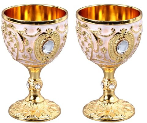 Beufee 2PCS Wine Goblet Metal Wine Glass, Vintage Chalice Goblet Vintage Gold Goblet Copper Wine Goblet Small Chalice Cup Medieval Wine Glasses Zinc Alloy Flower Embossed Shot Glasses (Gold White)