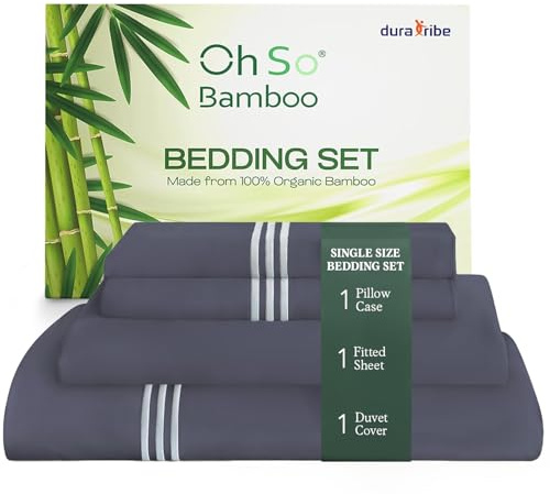 DURA TRIBE Oh So Bamboo Bedding Set 3 Piece - Single - Charcoal - Hypoallergenic Duvet Cover, Fitted Sheet & Pillowcase Made from 100% Organic Bamboo Viscose Cooling Silky-Soft & Smooth Material