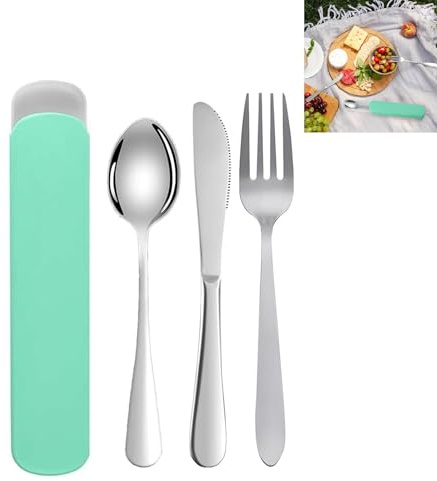 MZOYOURO Lot de 3 couverts de camping réutilisables en acier inoxydable avec étui à couverts - Couverts de voyage pratiques avec étui pour l'extérieur, le camping et les pique-niques - Robuste