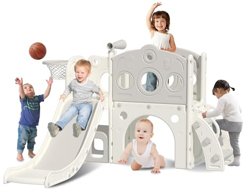 Hominewti 8-in-1 Kinder Rutsche, Kinder Spielplatz mit Basketballkorb, Teleskop und Klettergerüst, Babyrutsche für Kleinkinder, Spielplatz für drinnen und draußen, Grau