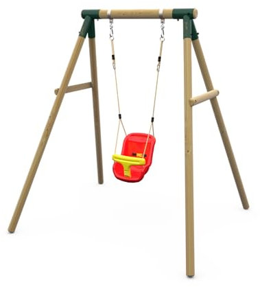 Plum Play Kids Outdoor Wooden Round Pole Garden Swing Set with Ground Anchors - Safe Sturdy A Frame - Suitable for up to 50kg per accessory - Up to 5 year Warranty (Single Red Baby Seat)