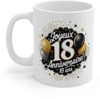 Teecustom Mug Joyeux Anniversaire 18 Ans Ballons Or & Feux d’Artifice Idée Cadeau Majeurité Original