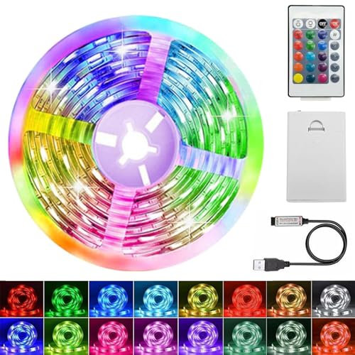 LED Streifen Batterie, 5M RGB 5050 LED Strip Batteriebetrieben oder USB Batteriebetrieben,Ferndimmbar 16-Farben,LED Strip mit Fernbedienung für Schränke, Treppen, Küche, Betten