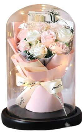 CH HIUBIE Cloche en verre avec roses stabilisées - Cadeau romantique pour elle - Personnalisable avec carte de vœux lumineuse (cadeau pour différentes occasions) (9 roses roses)