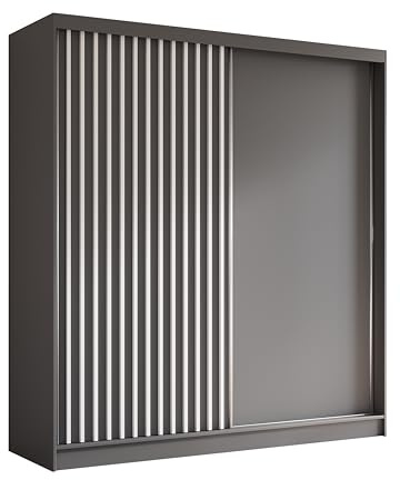 AXLIVING Cabinio Armoire à portes coulissantes Gris - 200 cm lamelle blanche