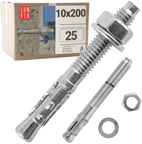 LUN FIX Bolzenanker 10x200 mm m10 25 Stk Stahl verzinkt schwerlastanker | Mutter Unterlegscheibe, schwerlastdübel, betonanker, wandanker, maueranker für beton, pergola, zaun, torbefestigung
