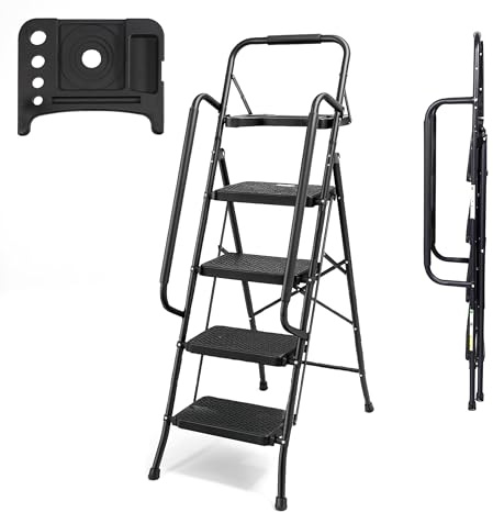 Bestfor 4 Step Folding Ladder with Cushioned Hand Rails, Extra Wide Non-Slip Steps, Tool Tray, 150kg Limit, Durable Steel, Easy Fold & Carry, Space Saving Black Step Ladder