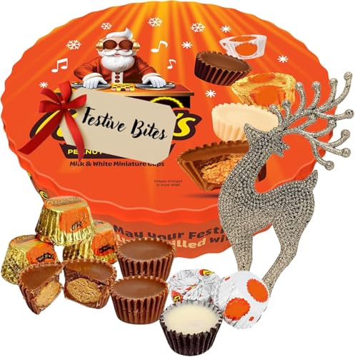 Peanut Butter Mini Cup Chocolates - Milk & White Approx 34 Individually Wrapped Chocolates Cups with Peanut Butter Filling & Reindeer Decoration for Stocking Fillers, Christmas Gifts for Men