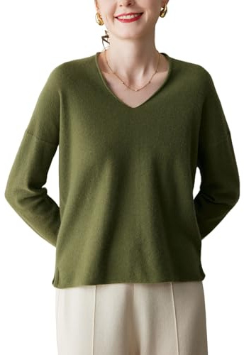 WEWE Pull Cachemire 95% Femme Col V Uni Tricoté en Vrac Manches Longues Fin Pull en Cachemire et Laine,Vert,EU 42,MY2595