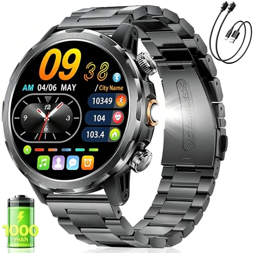 FITFLEX Smartwatch Herren Militär mit 1000 mAh, 1,70 HD Großes Touchscreen, LED Taschenlampe, Telefonfunktion Fitnessuhr mit 100+ Sportmodi, Herzfrequenz, Schlafmonitor, SpO2 für iOS Android Schwarz
