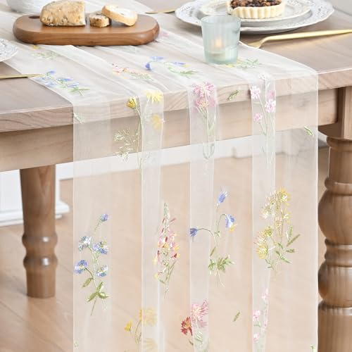 Artoid Mode Weiß Tüll mit Stickerei Gras Wildblumen Frühling Tischläufer 70x300 cm, Küche Tisch Dekoration Drinnen Urlaub Party Dekor
