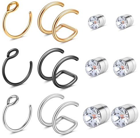 HekouJiub 12 Pièces Faux Piercings Septum 16G Anneau de Nez Faux Piercing pour Femmes Acier Inoxydable Anneau de Piercing Magnétique Septum Piercing Nostril Bijoux pour Femmes Hommes
