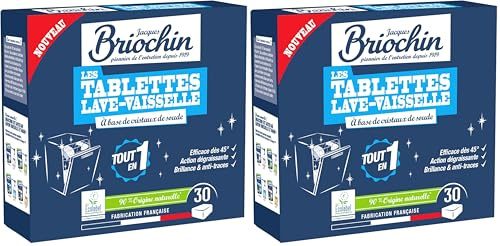 JACQUES BRIOCHIN - 30 tablette lave-vaisselle sans parfum - Action puissante contre les taches - Dégraissante - Brillance et Anti-trace - 90% d'Origine Naturelle - x30 (Lot de 2)