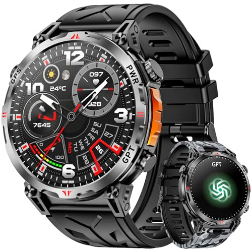 Mingdaln Orologio intelligente militare con GPS, orologio intelligente con assistente vocale GPT/LED Flashlight Compass,a schermo AMOLED da 1,56 Per uomini, compatibile con Android e iOS (Nero)