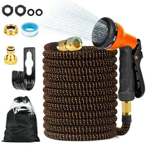 Vankarr Tubo Acqua Giardino Flessibile Estensibile 30m Doccetta Attacco Rubinetto 1/2 e 3/4 con 8 Funzioni con Custodia Portagomma per Giardino Camper Campeggio Lavanderia Animali (Arancione)