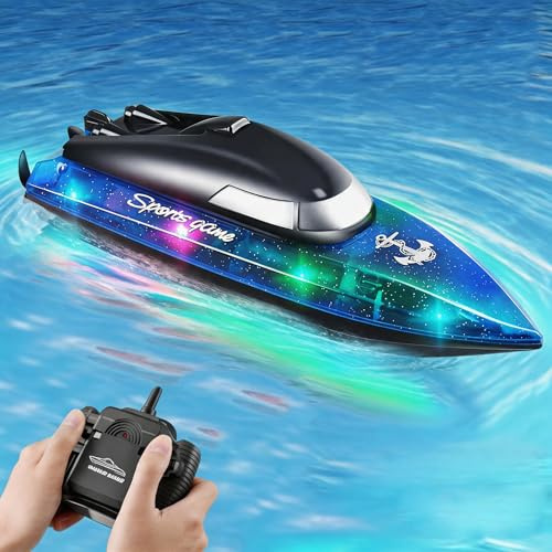 Yaskyly RC Boat 100 Mins Running Time, 2.4GHz Remote Control Boat with LED Lights 15KM Fast Speed with Rechargeable Battery Self-Righting for Pool Lake Gift for Kids Adults Children
