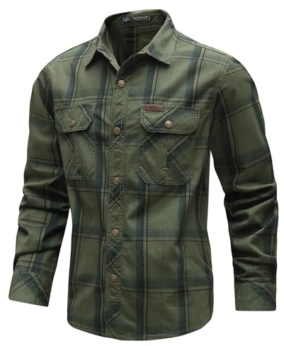 CoXuantion Chemise a Carreaux Homme Manches Longues Décontracté Bouton Chemise Col Rever Slim Fit Shirt et Poche Poitrine pour Usage Quotidien S,Vert