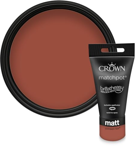 Crown WALLS & CEILINGS Terracotta Matt Paint Tester - Sample 40ml | Try Crimson Fox before you buy. See the true colour on your wall, in your own light. Low VOC, low odour, breatheasy
