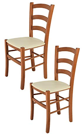 Tommychairs - 2er Set Stühle VENICE für Küche und Esszimmer, robuste Struktur aus lackiertem Buchenholz im Farbton Kirschholz und gepolsterte Sitzfläche mit KUNSTLEDER in der Farbe Elfenbein bezogen