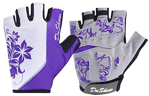 DuShow Gants de cyclisme pour femme - Demi-doigt rembourré en gel - Gants de vélo de montagne et de route - Mitaines de cyclisme - Violet/S