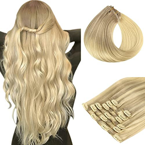 hotbanana Clip In Extensions Echthaar, Ash Blonde to Golden Blonde and Platinum Blonde Clip in Hair Extensions Real Human Hair Straight Remy Echthaar Extensions Clip 22 inch 120g 7pcs