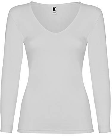 Camiseta Interior de Mujer con Manga Larga, Cuello Pico y Ribete – Camiseta íntima de algodón Tejido Transpirable, cómoda, Lisa y Suave (M)